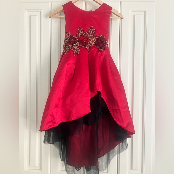 SHEIN (8-10) Red Asymmetrical Long Beaded Sleeveless Holiday Dress With Roses - Picture 1 of 4